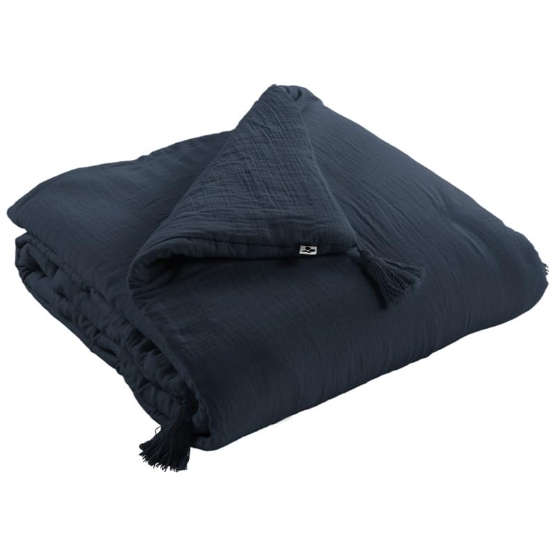 Edredon 150x150 bleu nuit en gaze de coton plaid pour lit deux personnes