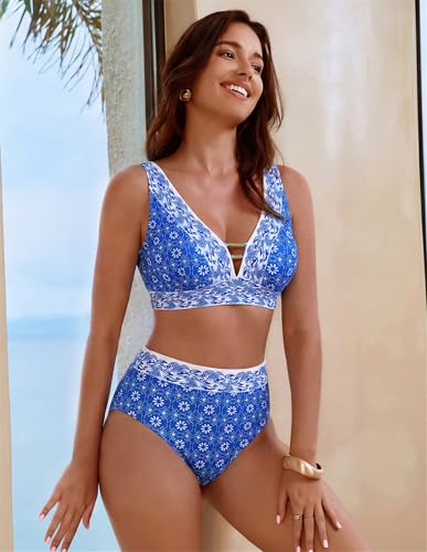 Hanna Nikole Womens High Waisted Bikini Sets Floral Print Bathing Suits 2 Piece Swimsuits V Neck Stitch Cutout Beach Summer Swimwear — view 5