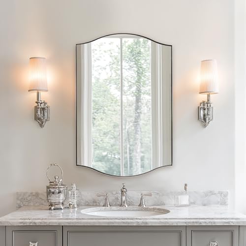 Image of ANDY STAR Chrome Bathroom Mirror, 24 inchx36 inch Scalloped Wall Mirror in Stainless Steel Metal Frame, Unique Vanity Mirror with Modern Curved Edge Design, Ideal for Bathroom, Bedroom, Entryway