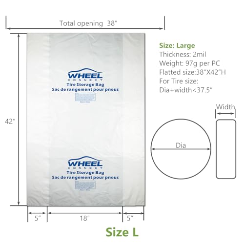 Image of WHEEL CONNECT Tire Storage Bags. Made of Polyethylene LDPE Plastic, Large 38 inchX42 inchH, White, Pack of 4pcs. L.