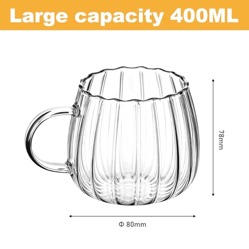 4 sztuki szklanek Riffle, 420 ml, ryflowane, ze szkła borokrzemowego, filiżanki do kawy, kubki w kształcie dyni, nadają się do mycia w zmywarce, designerskie szklanki do herbaty, kubki do kawy