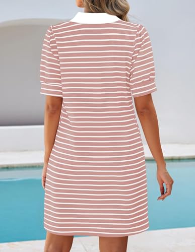 Image of ZESICA Womens Summer Striped T Shirt Mini Dresses 2026 Casual Lapel V Neck Short Sleeve Flowy A Line Beach Vacation Dress
