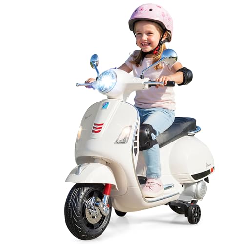 GOPLUS Moto Eléctrica para Niños 12V, Scooter Eléctrico Vespa de 4 Ruedas con Música, Luces LED, Ruedas de Entrenamiento y Doble Motor 30W, Diseño Retro-Chic para Niños de 3 a 6 Años (Blanco)