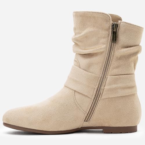Image of Vepose Women's Slouch Ankle Boots, Flat Low Heel Side Zip Booties 939A