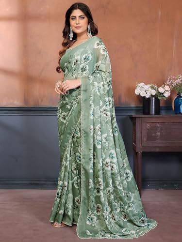 Image of Satrani Women's Georgette Floral Printed Saree with Unstitched Blouse Piece