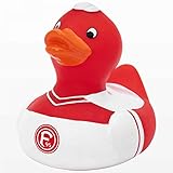 Lustige Badeente im rot-weißen T-Shirt