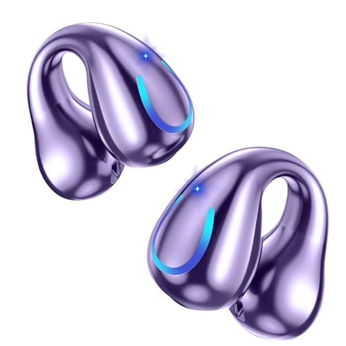 dufiga Ultra Open Ear Headphones Bluetooth 5.3 Wireless Clip On Earbuds with Digital Display Charging Case 60 Hours Playtime Sport Earphones Built-in Mic IPX7 Waterproof for Running Fitness Purple