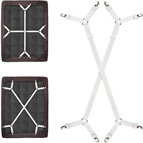 AIMTOP 2 Stück Verstellbare Bettlakenspanner, Lakenspanner mit Metallclips für Laken, Spannbettlaken, Matratzenschoner, Weiß Cover