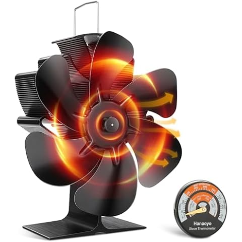 Hanaoyo Wood Stove Fan, 6 Blades Wood Stove Fan Heat Powered, Fireplace Fan with Magnetic Thermometer, Wood Stove Accessories, Non Electric Fan for Wood/Log Burner Stove Cover