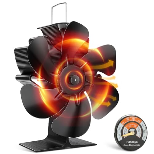 Hanaoyo Wood Stove Fan, 6 Blades Wood Stove Fan Heat Powered, Fireplace Fan with Magnetic Thermometer, Wood Stove Accessories, Non Electric Fan for Wood/Log Burner Stove by Hanaoyo - Used condition - US$10.35