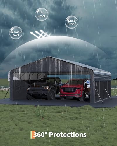 Image of Garvee 20'X20'X10' Metal Carport for 2 Cars, Enclosed Car Ports with Heavy Duty Steel Frame and 220 g Tarp, All-Weather Carport for Full-Size Pickup Trucks, Bass Boats, and Tractors