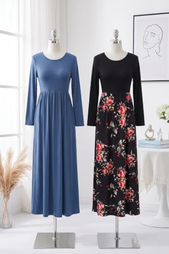 Image of AUSELILY Womens Long Sleeve Maxi Dress Casual Empire Waist with Pockets