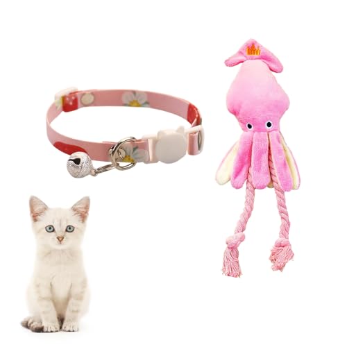 首輪 ペット 猫鈴首輪 マフラー 綿製快適 通気調節可能夏 犬 八爪魚玩具 ぬいぐるみ 発声 鬱憤緩和 移動移動注意 インタラクティブ玩具 牽引玩具 ペット用品セット (ピンク+ピンクのおもちゃ)
