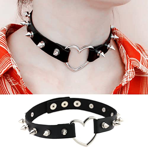 Clyhon Leder Choker Punk Goth Rock Spike Niet Studded Choker Kragen Halskette Frauen Männer Schwarz, Punk Style Love Heart PU Leder Kragenchoker Halskette mit Nieten Akzent versetzt