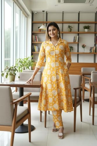 Image of Women's Cotton Blend A-line Printed Kurta with Palazzo Set | Officewear Kurta Set for Women