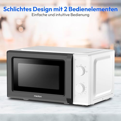 MEDION Mikrowelle (20 Liter, 700 Watt, klein kompakt und platzsparend, 5 Mikrowellenstufen, Auftaufunktion, Timerfunktion, MD11475) weiß