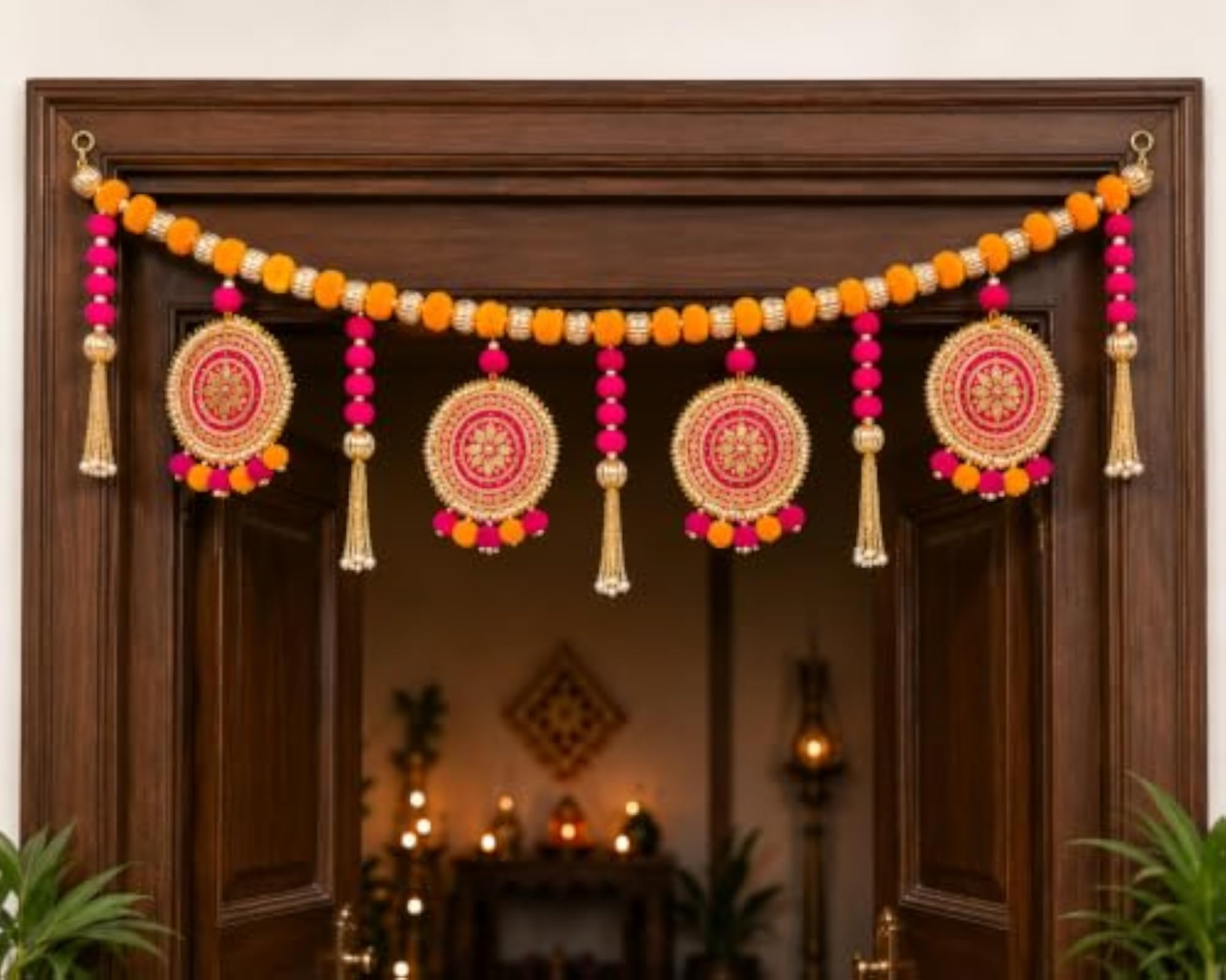Decorative Toran Door Hanging with Pom Poms and Medallions