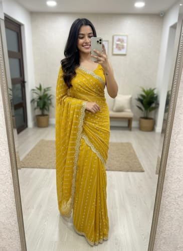 Image of RADHA Women's Embroidery Work Saree with Designer Border for Festive and Traditional Ethnic Drape Saree with Detailed Thread Style Pattern and Elegant Occasion Look