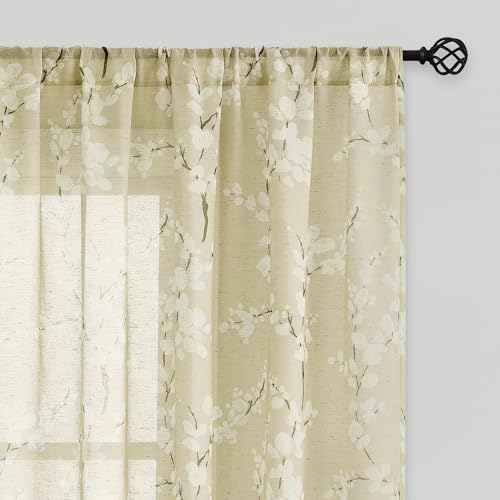 Image of FMFUNCTEX Linen Sheer Blossom Floral Print Curtains Cream 96 Inch 2 Panels