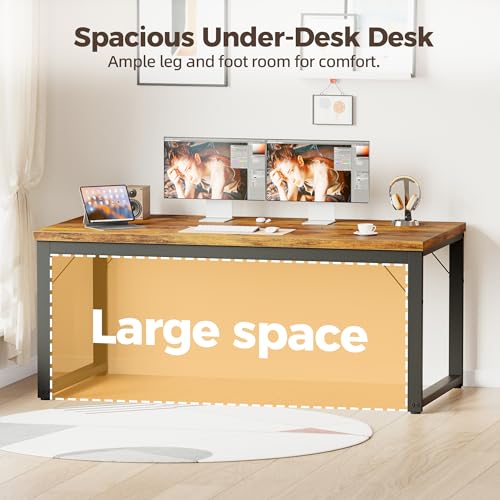 Image of 48 Inch Computer Desk, 1 inch Thick Small Office Table, Brown | Modern Simple Style, Heavy Duty Industrial Frame, Small Study & Writing Table for Home Bedroom Work
