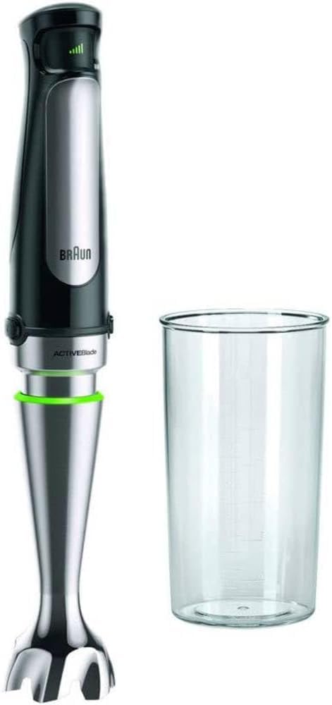Braun MultiQuick 7 - Mixeur plongeant pour soupes, smoothies et purées bébé, contrôle SmartSpeed, pied en inox anti-éclaboussures, verre doseur, 1000W, Noir (MQ7000X)