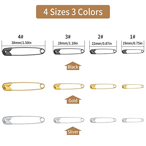 540 Stück Sicherheitsnadeln Sortiert, Kleidung Sicherheitsnadeln klein mittelgroß für Kunsthandwerk Nähen Kleidung Kunst, Gold Silber Schwarz, 19 mm, 22 mm, 28 mm, 38 mm (DREI Farben -540)