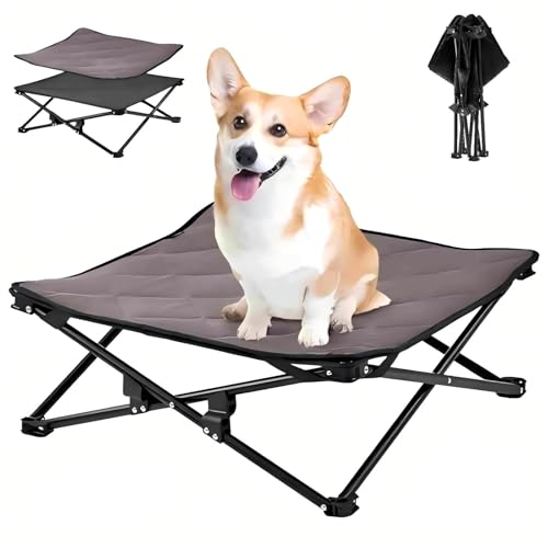 KingCamp Erhöhtes Hundebett Hundeliege Outdoor Haustierbett Haustierliege Atmungsaktivem Mesh & Wildledermatte & Rutschfesten Füßen für Reisen Garten Outdoor Indoor, Schwarz 57 x 57 x 23 cm