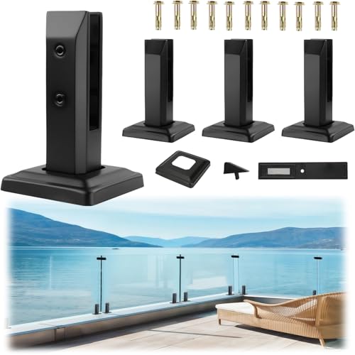 Noliven 4 Pcs Glass Railing Spigots, 304 Stainless Steel Black Square Fence Clip, Glasses Balustrade, Glass Clamp Kit for Balcony Deck Pool, Stairs Indoor and Outdoor, Matte Black