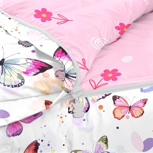 Image of Kids Comforter Set,Zipper Bedding Twin for Girls,Butterfly Printed Comforter Set with Color Spots Fitted Sheets and Pillowcases for All Season(Butterfly)