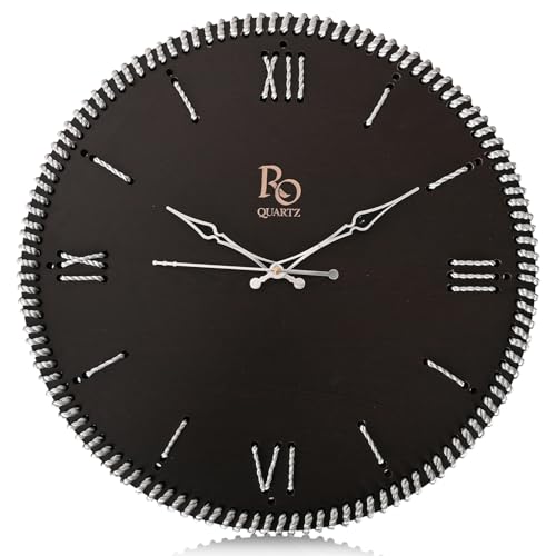 Image of Wooden Round Shape Roman Dial Analog Clock with Silver Hand and Silver Zari Rope Detailing | Stylish Silent Quartz Movement Anti Reflection Wall Clock for Home & Office (Black, 15.5 inch)