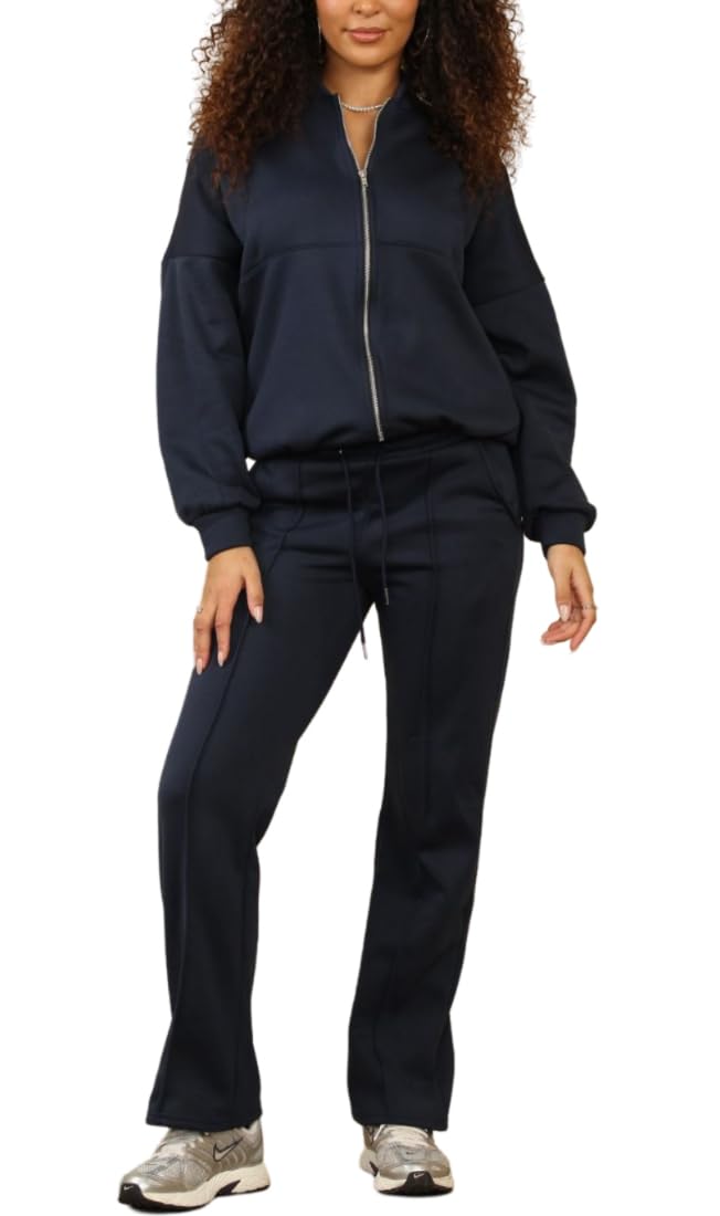 FAIRY TRENDZ Womens Fleece Loungewear Bomber Zipper Jacket Tracksuit Ladies Long Sleeve 2piece Lightweight Tops And Trouser Set