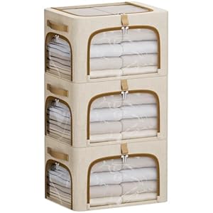 CYhom Clothes Storage Bins with Metal Frame,3 See-Through Windows Openings Clothing Storage Bin,3 Pack Foldable Storage Bins Boxes for Closet (Beige, 34L-16.5 x 12.6 x 9.8IN)