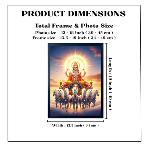 Image of ARTFUL TOY BOX - Surya Dev with Seven (7) Horses Photo Frame Wall Hanging | Divine Solar Chariot Design | Spiritual Surya Dev Painting | Premium Black Fiber Frame | Glossy Finish | Devotional Home Decor - 12x18 Inch (30x45 cm) (Design 1)