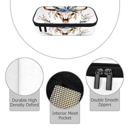 Image of Cow Skull Pencil Holder Bag Bull Head Flowers Feathers Boho Style Pencil Case College Office School for Teens Boy Girl