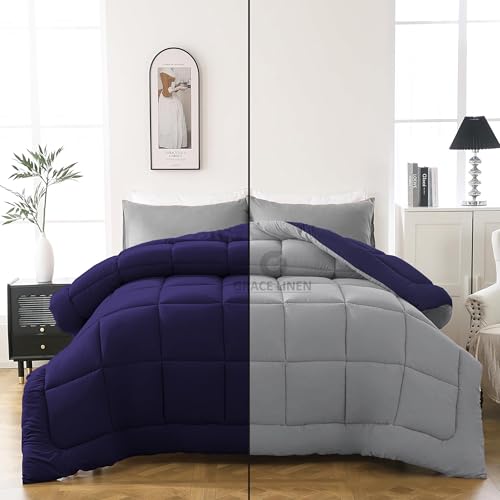 Image of 600 GSM Heavy Winter Comforter Double Bed Size 90 inchX100 inch - 600 GSM Winter Blanket Comforter /Rajai /Duvet Microfiber Super Soft Fluffy Double Bed - Navy Blue /Silver Grey Color