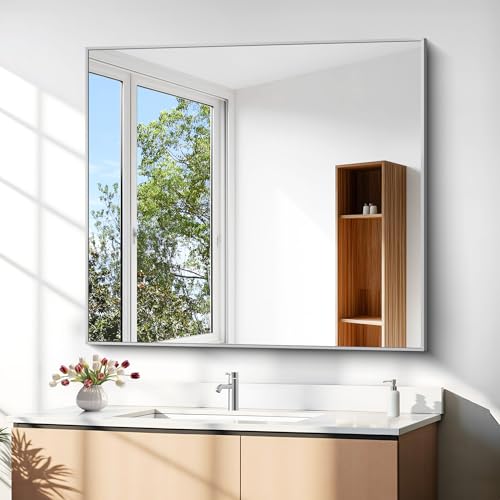 Image of DESBING 36 inch x 40 inchBathroom Mirror, Silver Rectangle Corner Wall Mirror with Metal Frame, Decorative Rectangular Vanity Mirror for Bedroom Bathroom Living Room Entryway (Horizontal /Vertical)