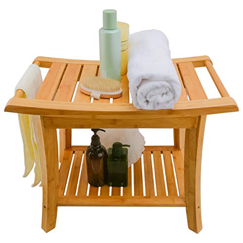 Zhuoyue Bamboo Spa Bath Shower Stool & Bench with Storage Shelf, Waterproof Shower