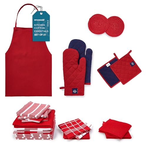 Image of Encasa XO Kitchen Towels and Dishcloths Sets | 21 Pcs Apartment Essentials Set | Oven Mitts and Pot Holders with Hanging Loop | Cooking Apron, Dish Cloth, Flour Sack and Coasters Red Combo