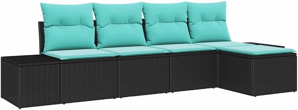 5-Piece Black-Turquoise Modular Garden Sofa Set with Adjustable Coffee-to-Dining Table, UV-Resistant Poly Rattan Patio Furniture Set for Outdoor Backyard Balcony