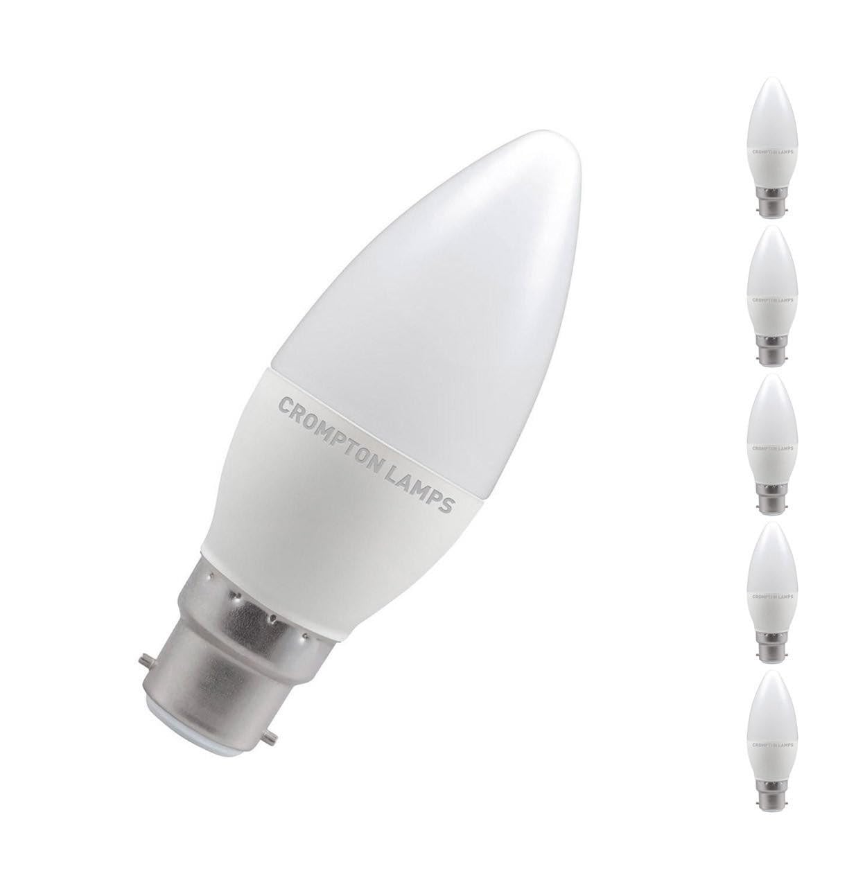 Crompton Lamps Candle LED B22 Bulb | 5W = 40W Equivalent | Daylight 6500K | Energy Efficient | Bayonet Lightbulb | Long Life 15,000-Hrs | Dimmable Bulbs for Lamps | 5-Pack
