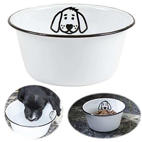 LS-LebenStil Vintage Hundenapf Fressnapf Emaille Weiß 17x8cm Retro Napf für Hunde mt Motiv Wassernapf Futterstation Futterbar Reisenapf mittel