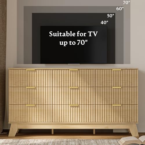 Image of HUANLEGO Fluted Dresser for Bedroom with 9 Drawers, 57 inch Mid Century Modern Dresser of Closet TV Stand, Nature Wood Dressers with Gold Handle, Boho Closet Wide Modern Chest of Drawers, Natural