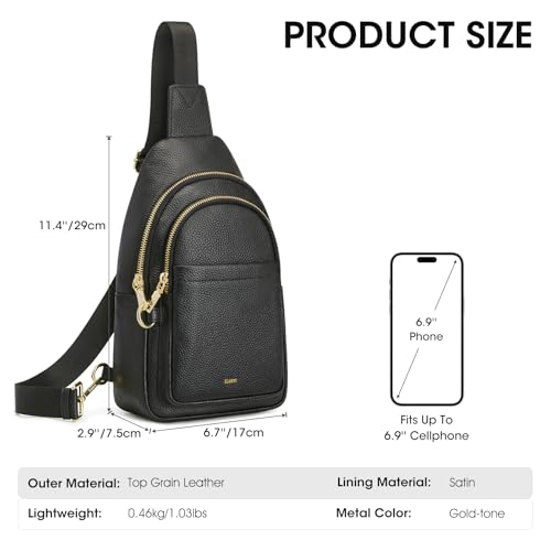 Image of Kattee Sling Bag for Women, Leather Crossbody Bag for Travel, Black | Top Grain Pebbled Leather. RFID back pocket, small chest bag fit 6.9-inch phone, fanny pack with adjustable strap.