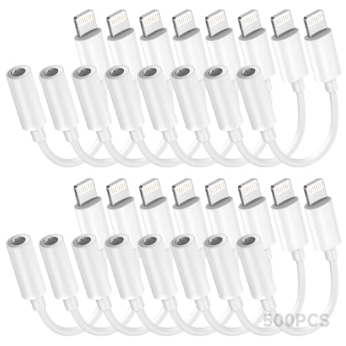 Image of Apple MFi Certified 500 Pack Lightning to 3.5 mm Headphone Jack Adapter for iPhone, iPhone Aux Adapter Converter Dongle Audio Cable Compatible with iPhone 14 13 12 11 X XS 8 7 White