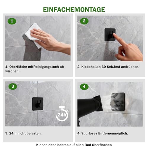 Nordkai Handtuchhaken ohne Bohren 6er Set selbstklebende Wandhaken aus Edelstahl schwarz wasserfest rostfrei für Bad Küche WC Fliesen Glas und glatte Oberflächen bis 5 kg