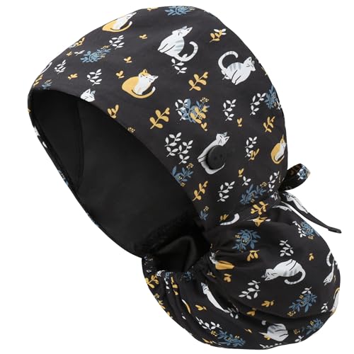 Image of Adjustable Scrub Cap with Button, Satin-Lined Cotton Scrub Hat Sweatband, Elastic Working Hat Unisex, One Size