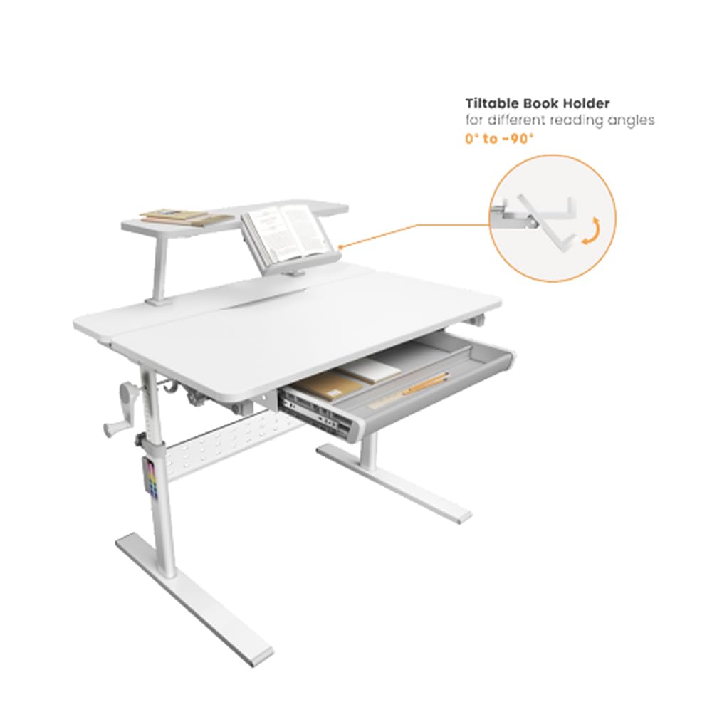 Ergonomiczne biurko ER-483 kids' height and angle adjustable to 40°, extra shelf with book holder, school table for kids up to 40 kg, drawer hook