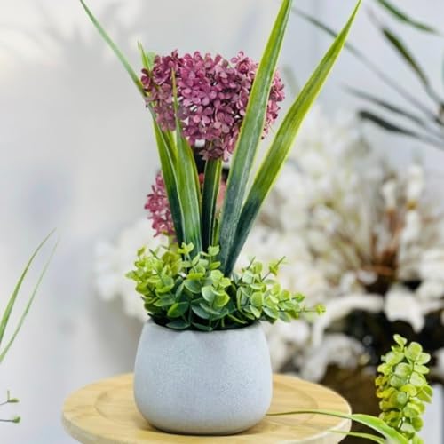Image of Garden Art Artificial Hydrangea Mini Cluster Bouquet Arrangement in Decorative Pot - Realistic Faux Plant for Living Room Decor (P-0141Pink)