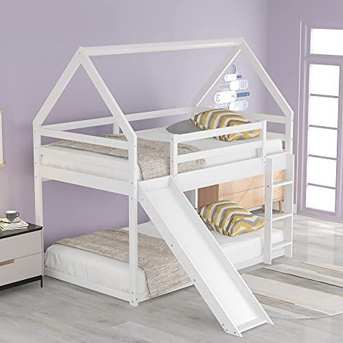 Merax Twin Over Twin Floor Bunk Bed, Twin Size House Bunk Bed with Slide, Ladder, Guardrail and Roofs for Girls, Boys (White)
