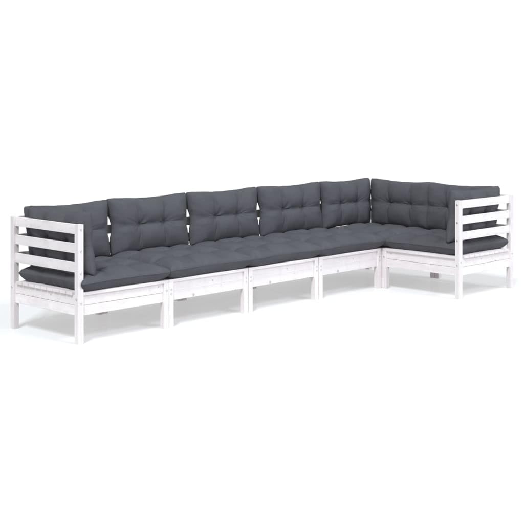 Juego de 6 muebles de jardín de madera de pino blanco, muebles de exterior con cojines de antracita, sofá modular para terraza, ideal para relajarse en el jardín, balcón, patio, máx. 110 kg